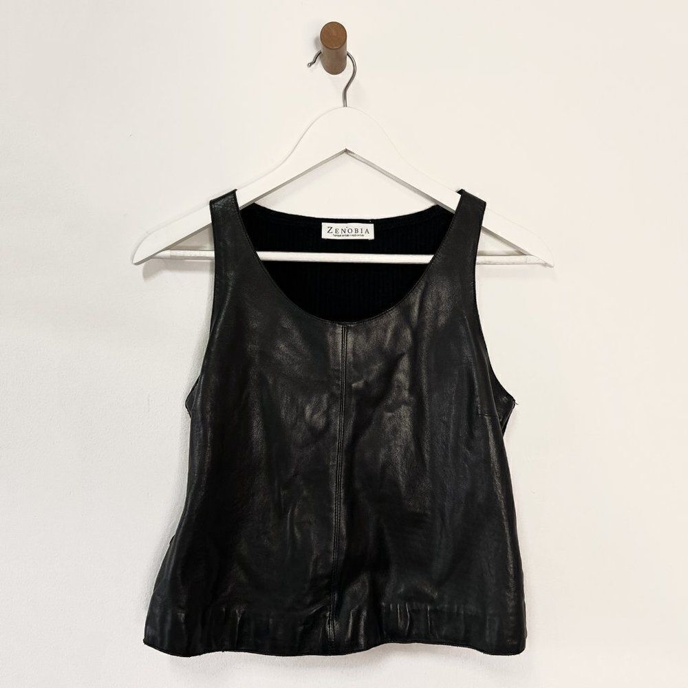 Zenobia Black Genuine Leather Front Sleeveless Top